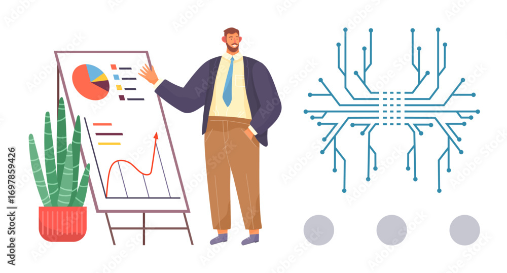 Poster professional presenting chart with graphs and data analysis, plant decor, and interconnected circuit