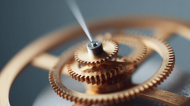 Macro image of intricate gold gears and springs inside a mechanism. Represents precision, engineering, time, complexity, and interconnectivity. Ideal for tech or business.