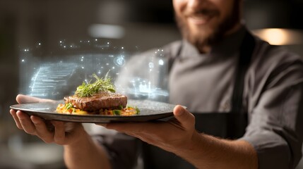 Chef presenting gourmet steak with futuristic digital interface overlay, innovative culinary technology concept.