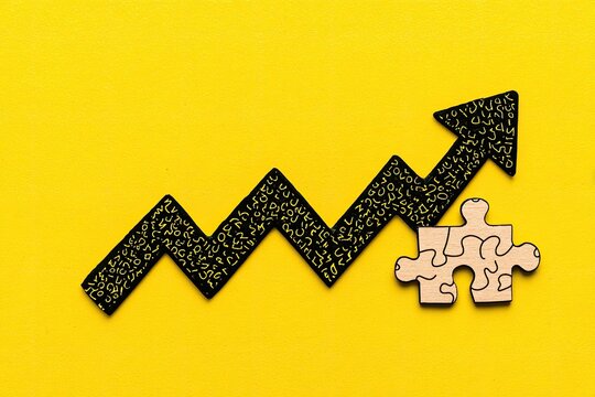 A black upward-trending graph, partially covered in numbers, sits atop a yellow background, with a light beige jigsaw piece at the top right - Powered by Adobe