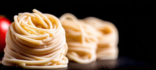 Close-up of uncooked pasta nests against a dark background
