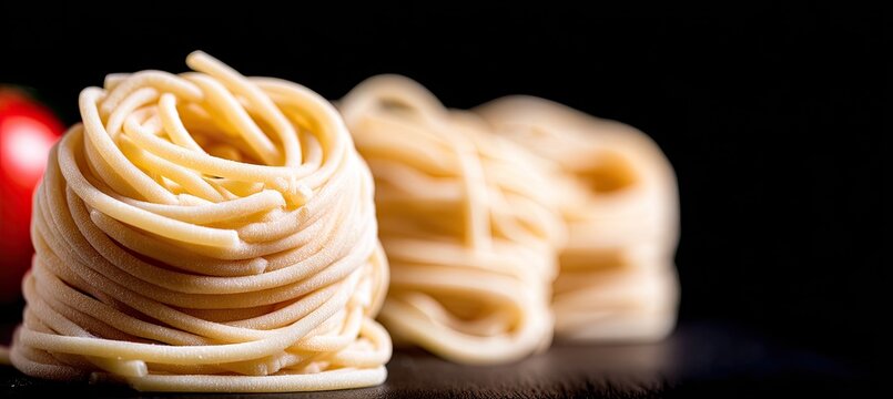 Close-up of uncooked pasta nests against a dark background