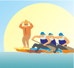 Vector illustration of traditional Indonesian pacu jalur boat race with rowers and leader standing on the boat © Zaenal