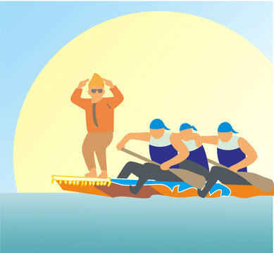 Vector illustration of traditional Indonesian pacu jalur boat race with rowers and leader standing on the boat