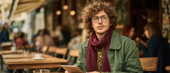 The young man sitting at a cafe table using a tablet and drinking coffee