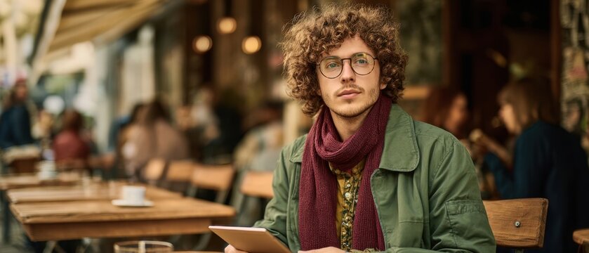 The young man sitting at a cafe table using a tablet and drinking coffee