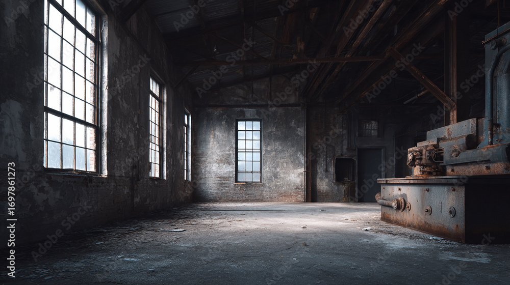 Poster atmospheric view inside an abandoned factory. light streams in through windows, highlighting decay a