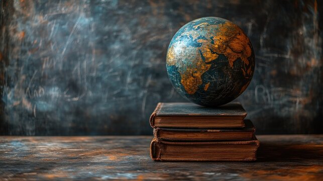 Globe on aged books, dark backdrop