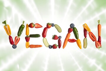 Vibrant fresh fruits and vegetables artfully arranged spelling VEGAN concept for healthy eating and lifestyle