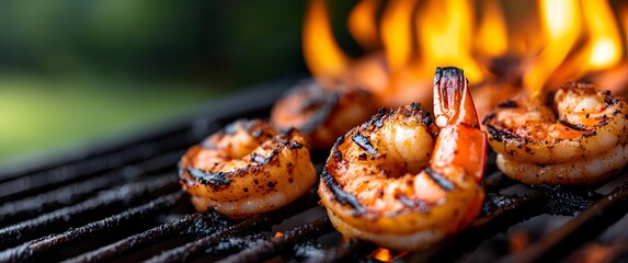 Delicious Prawns Grilling Over Open Flames outdoors
