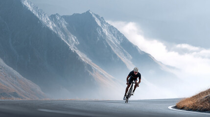 Athlete cycling through a scenic mountain pass. Represents endurance, freedom, and peak performance. Ideal for sports, travel, and motivational content.
