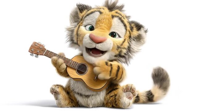 Animated tiger character plays ukulele instrument against white backdrop