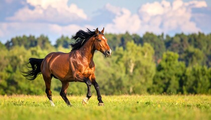 Majestic brown horse galloping across a green field under a cloudy sky