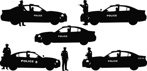 Silhouettes of Police Officers with Patrol Cars, Police Standing, Sitting, and Pointing, Law Enforcement Vehicles Vector Illustration © Shahariar's World