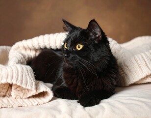Beautiful black cat with yellow eyes lying on blanket 