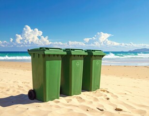 Three vibrant green recycling bins stand on a sandy beach, against a backdrop of a beautiful ocean scene.