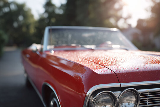 Closeup of a vibrant red convertible with water droplets, embodying freedom and a classic American road trip. Nostalgic feel. Use for travel, lifestyle content. - Powered by Adobe