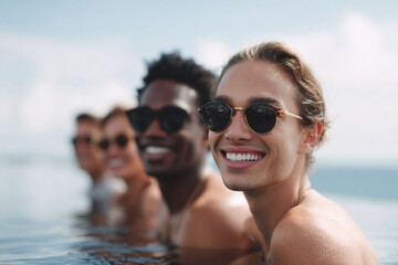 A diverse group of smiling friends in sunglasses relaxing in a tropical infinity pool. Represents friendship, vacation, and summer fun. Ideal for travel or lifestyle ads.