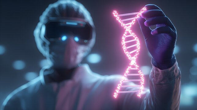 Futuristic scientist examining glowing pink DNA helix with virtual reality headset, biotechnology concept.