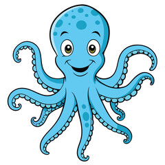 Cute Blue Octopus Cartoon Character with Smiling Face on White Background