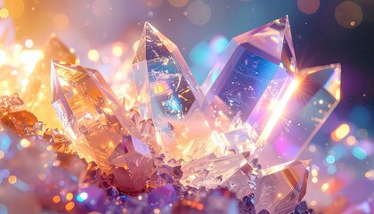 Sparkling crystal clusters, showcasing intricate facets and vibrant hues, capture a mystical and ethereal ambiance.