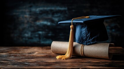 Graduation cap and diploma on wooden table