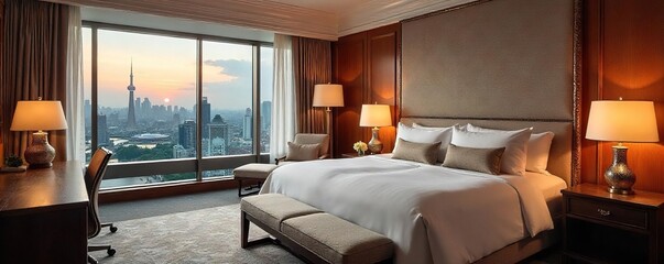 Indulge in opulent comfort Luxurious hotel suite featuring a king-size bed, plush furnishings, and breathtaking city views from a large window , king bed, sophisticated, night view