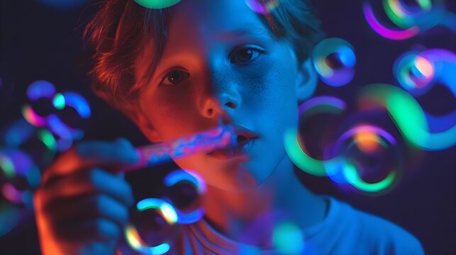 Young boy blowing bubbles in vibrant neon light, childhood joy, playful, dreamy portrait.