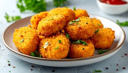 Crispy fried chicken nuggets piled high on a plate