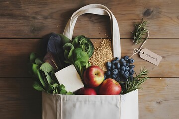 Fresh organic groceries overflowing from a stylish canvas tote bag ready for healthy meals