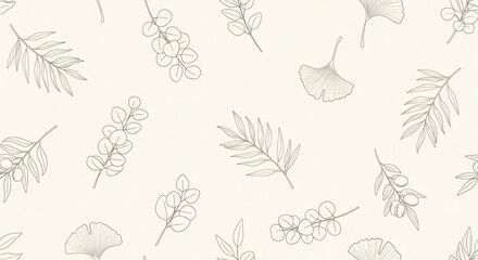 Naklejka premium Elegant botanical seamless pattern with delicate line art leaves including ginkgo, eucalyptus, and palm on a soft light background.