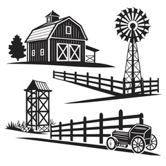 Detailed farm scene illustration featuring a barn, windmill, trees, fence, and wagon, showcasing the beauty of rural landscapes and agricultural traditions