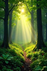 Golden sunlight streams through the leaves of a lush green forest, dappling the forest floor in a magical light Perfect for nature, fantasy, and environmental themes , woods, undergrowth, autumn
