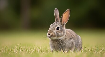 Fototapeta premium Alert rabbit sitting upright amidst blades of grass in verdant meadow