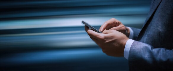 The person using a smartphone against a streaked blue motion-blurred urban background