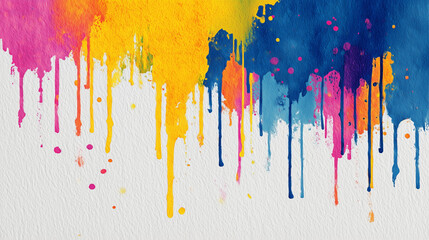 Fototapeta premium Vivid watercolor paint drips in pink yellow and blue on white 
