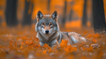 Gray wolf resting in autumnal forest