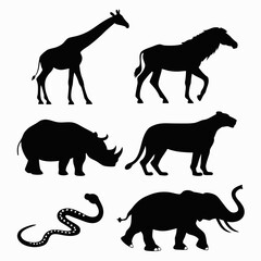 Silhouette of african animals, showcasing a giraffe, zebra, rhinoceros, lioness, snake, and elephant, creating a captivating wildlife scene in black and white