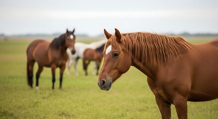 Fototapeta premium Chestnut horse portrait on a grass pastureland with herd in the background