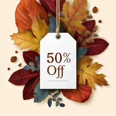 Autumn discount tag decorated with colorful fall leaves in rust gold and burgundy with bold 50 percent off text on a clean white label