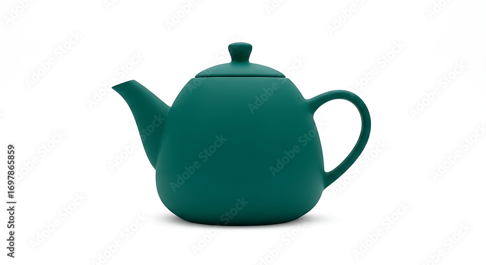 Poster a teal teapot with a curved handle and spout sitting on a white background in a studio shot ai gener