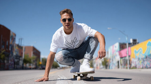 Stylish young man skateboarding downtown. Freedom, youth, and urban lifestyle concept. Perfect for fashion, sports, and citythemed projects.