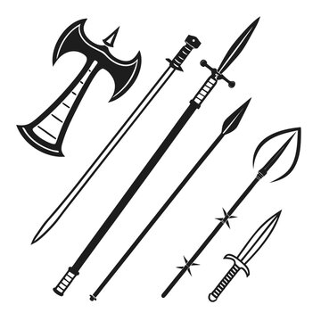 Collection of medieval weapons battle axe, sword, spear, javelin, dagger, polearm, halberd, glaive, bill, bardiche, fauchard, guisarme, voulge, ranseur, spetum