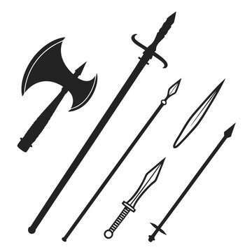 Collection of medieval weapons battle axe, sword, spear, javelin, dagger, polearm, halberd, glaive, bill, bardiche, fauchard, guisarme, voulge, ranseur, spetum