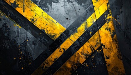 Grunge dark grey background with black and yellow warning stripes