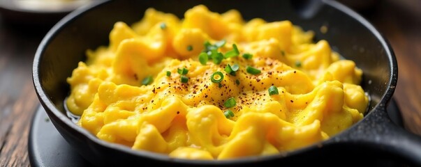 Fluffy scrambled eggs in a pan, cooked to golden perfection with visible texture A delicious breakfast or brunch food, perfect for a simple yet satisfying meal , morning meal, kitchen, cook