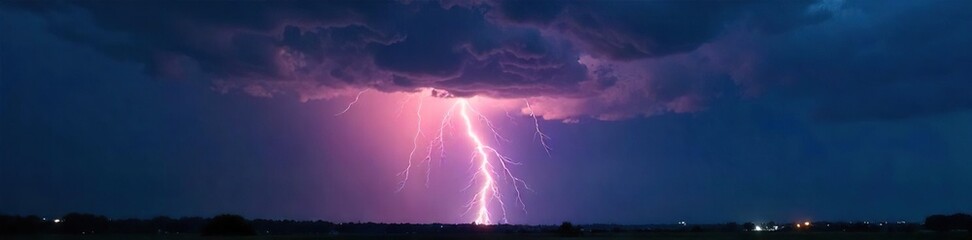 Dramatic thunderstorm overhead, intense lightning bolt striking a dark landscape Fearsome power of nature, wild weather Epic sky, dramatic clouds , rain, storm clouds