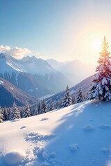 Serene landscape featuring a snow-dusted hill bathed in the soft glow of sunlight, offering a tranquil winter scene perfect for nature and seasonal themes ,  nature, winter