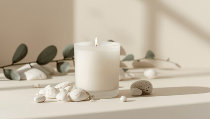 A white candle in a frosted glass holder, lit and surrounded by decorative white stones and muted green leaves, set against a soft beige minimalist background.