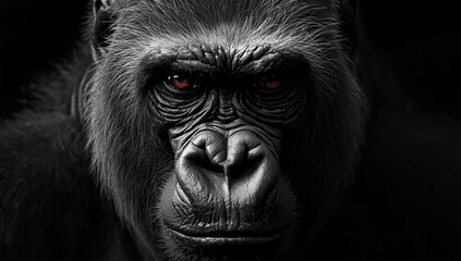 Close up portrait of gorilla face in black and white with intense eyes, powerful wild animal concept